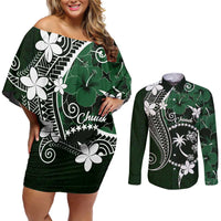 FSM Chuuk Couples Matching Off Shoulder Short Dress and Long Sleeve Button Shirt Turtle Tropical Flowers Polynesian - Green LT14 Green - Polynesian Pride