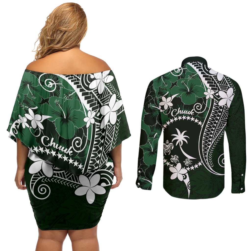 FSM Chuuk Couples Matching Off Shoulder Short Dress and Long Sleeve Button Shirt Turtle Tropical Flowers Polynesian - Green LT14 - Polynesian Pride
