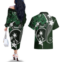 FSM Chuuk Couples Matching Off The Shoulder Long Sleeve Dress and Hawaiian Shirt Turtle Tropical Flowers Polynesian - Green