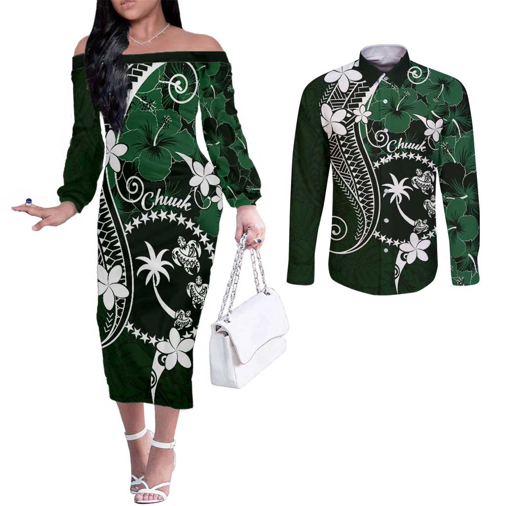 FSM Chuuk Couples Matching Off The Shoulder Long Sleeve Dress and Long Sleeve Button Shirt Turtle Tropical Flowers Polynesian - Green LT14 Green - Polynesian Pride