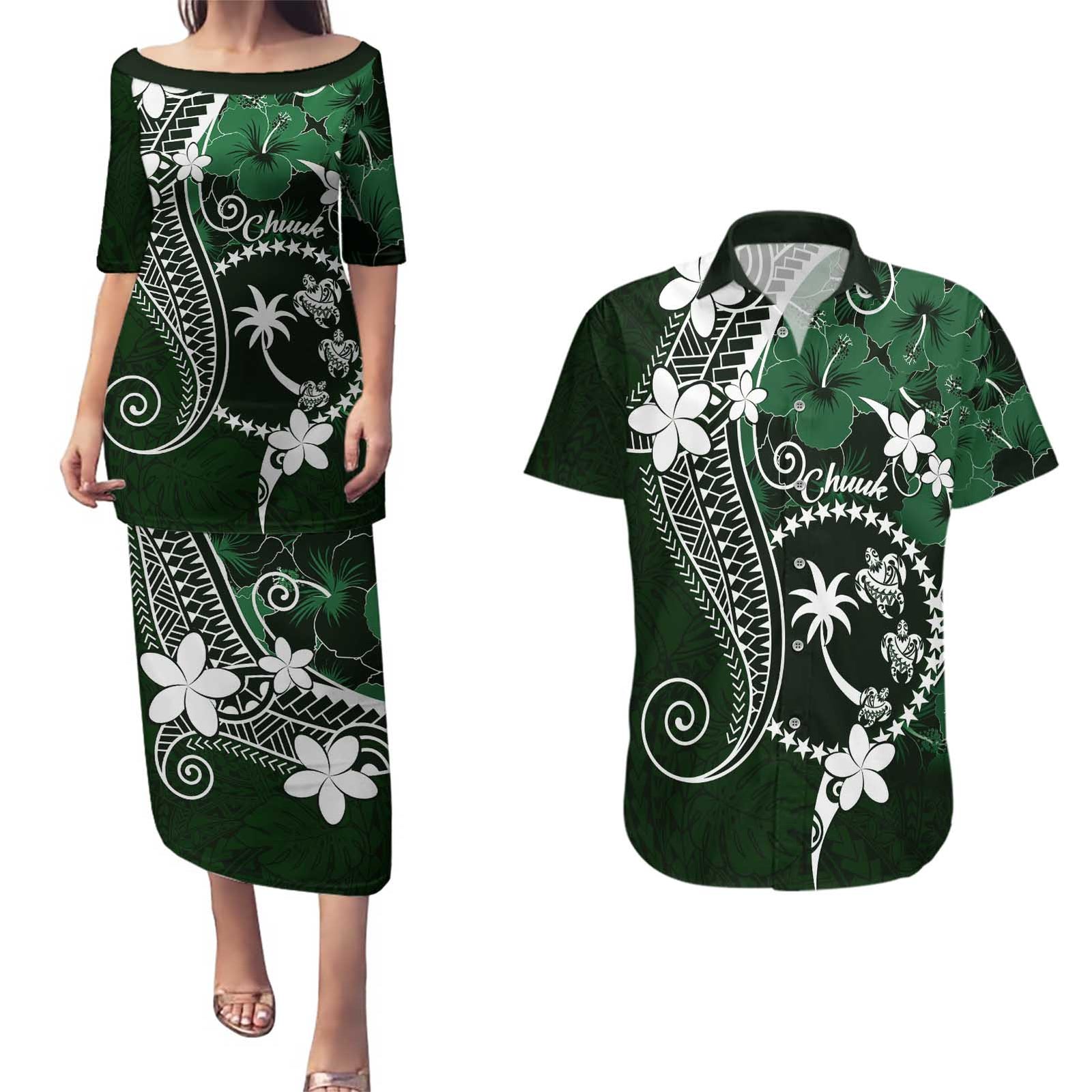 FSM Chuuk Couples Matching Puletasi and Hawaiian Shirt Turtle Tropical Flowers Polynesian - Green LT14 Green - Polynesian Pride