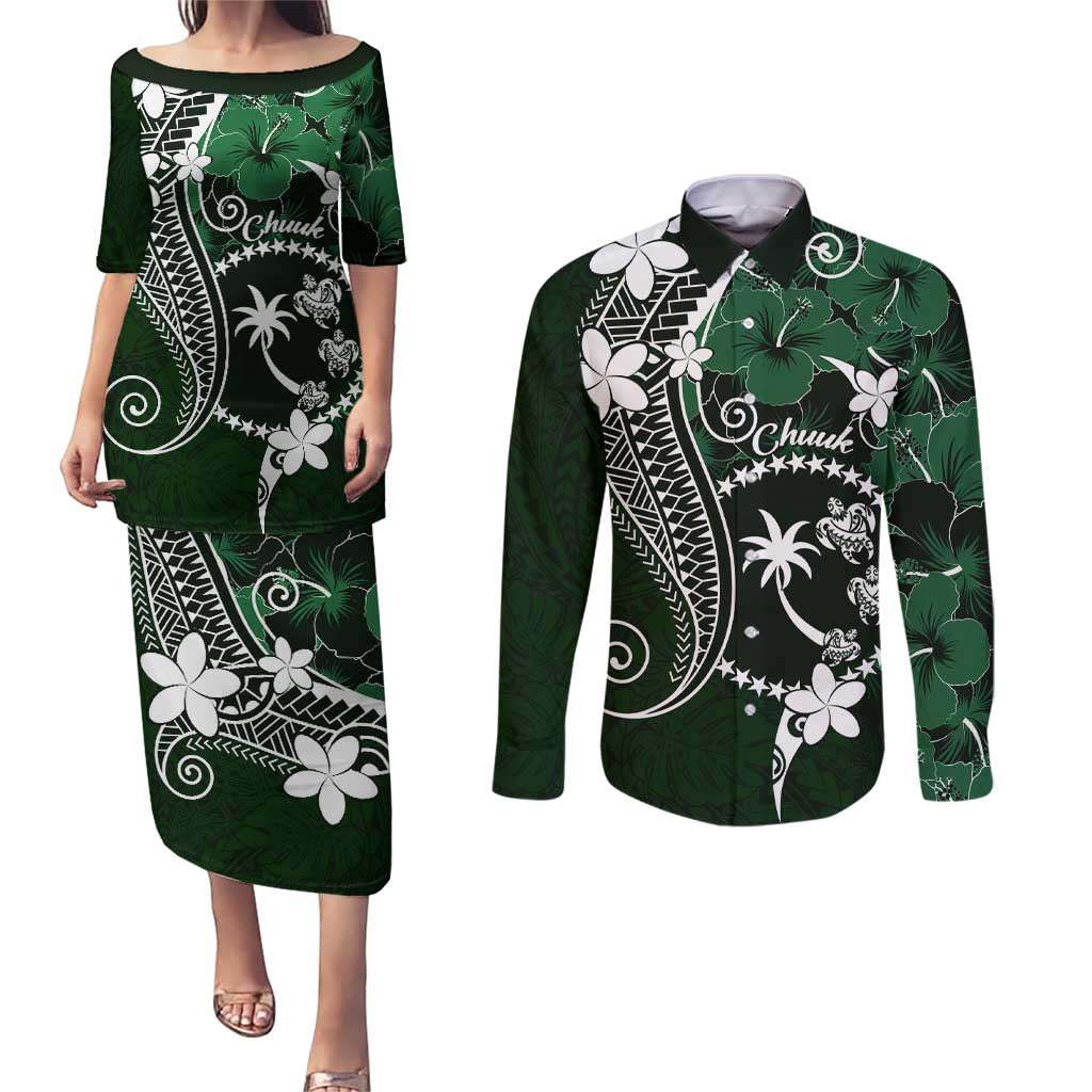 FSM Chuuk Couples Matching Puletasi and Long Sleeve Button Shirt Turtle Tropical Flowers Polynesian - Green LT14 Green - Polynesian Pride