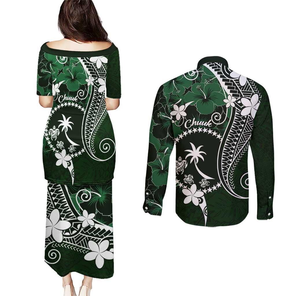 FSM Chuuk Couples Matching Puletasi and Long Sleeve Button Shirt Turtle Tropical Flowers Polynesian - Green LT14 - Polynesian Pride