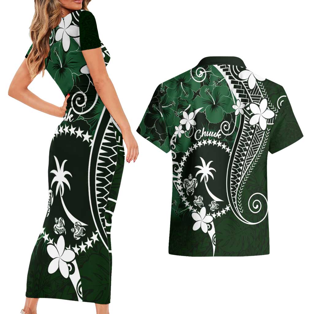 FSM Chuuk Couples Matching Short Sleeve Bodycon Dress and Hawaiian Shirt Turtle Tropical Flowers Polynesian - Green
