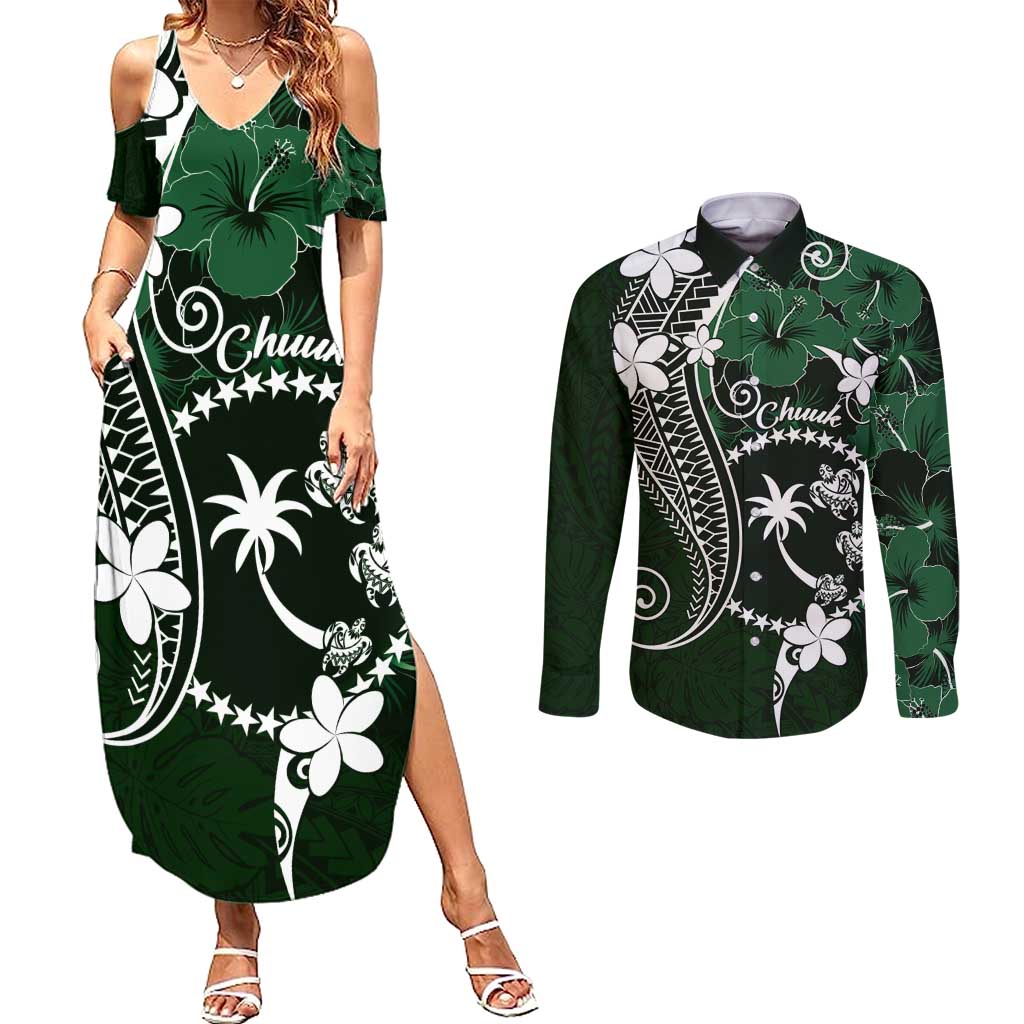 FSM Chuuk Couples Matching Summer Maxi Dress and Long Sleeve Button Shirt Turtle Tropical Flowers Polynesian - Green LT14 Green - Polynesian Pride