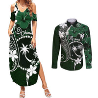 FSM Chuuk Couples Matching Summer Maxi Dress and Long Sleeve Button Shirt Turtle Tropical Flowers Polynesian - Green