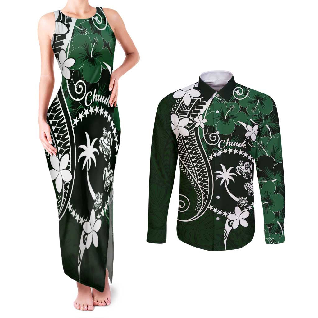 FSM Chuuk Couples Matching Tank Maxi Dress and Long Sleeve Button Shirt Turtle Tropical Flowers Polynesian - Green LT14 Green - Polynesian Pride