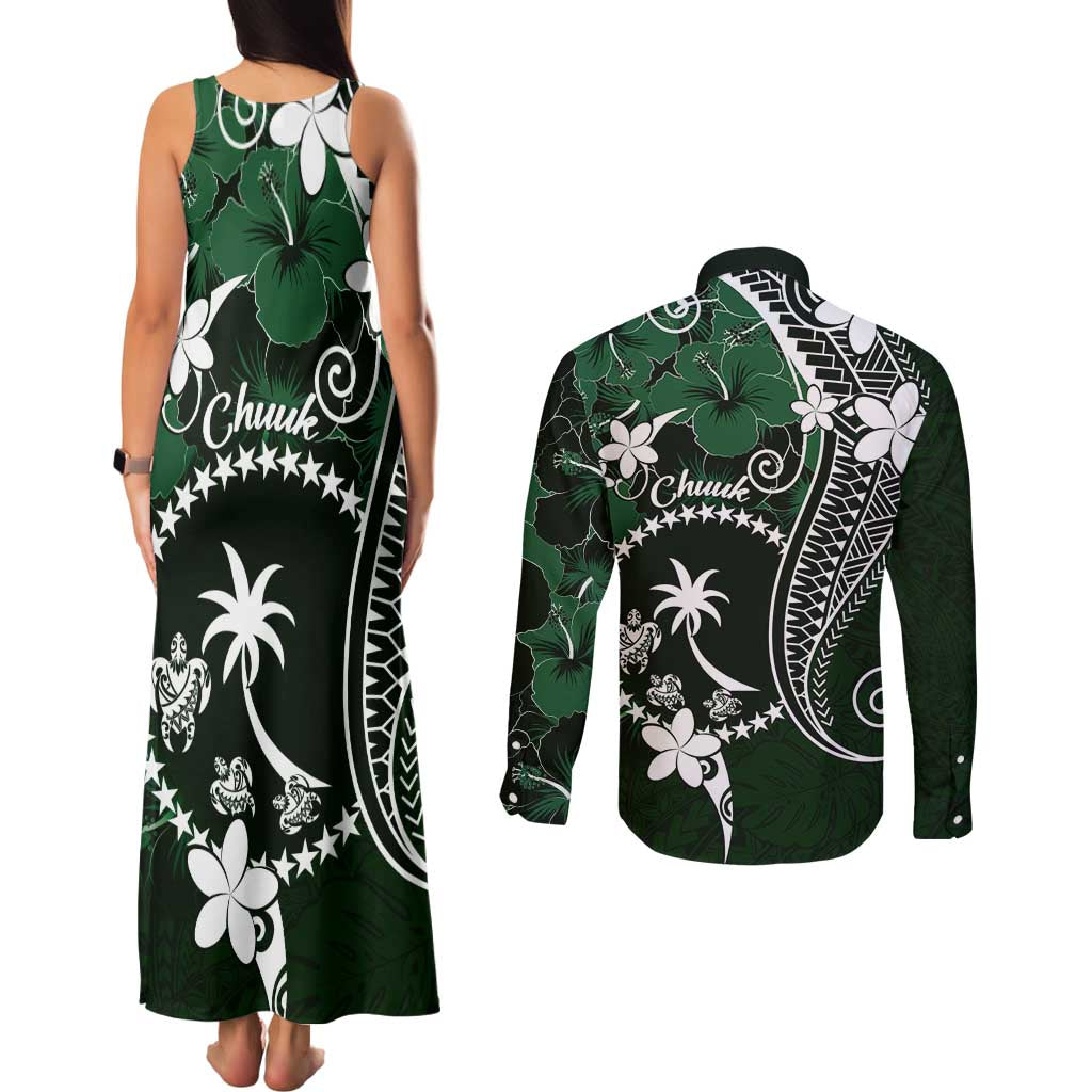 FSM Chuuk Couples Matching Tank Maxi Dress and Long Sleeve Button Shirt Turtle Tropical Flowers Polynesian - Green LT14 - Polynesian Pride