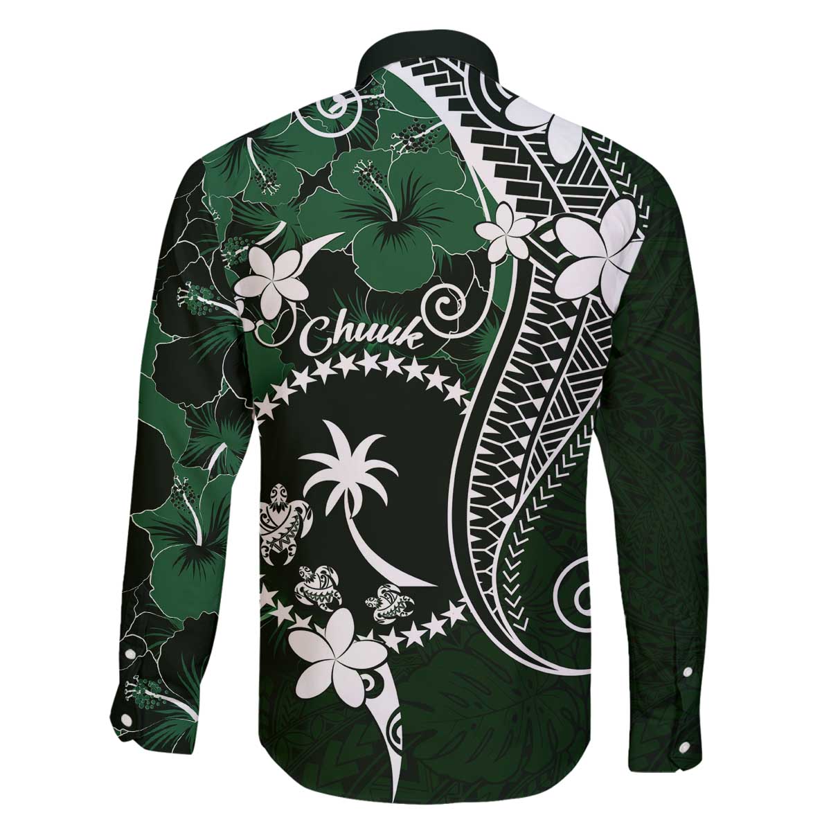 FSM Chuuk Family Matching Off The Shoulder Long Sleeve Dress and Hawaiian Shirt Turtle Tropical Flowers Polynesian - Green