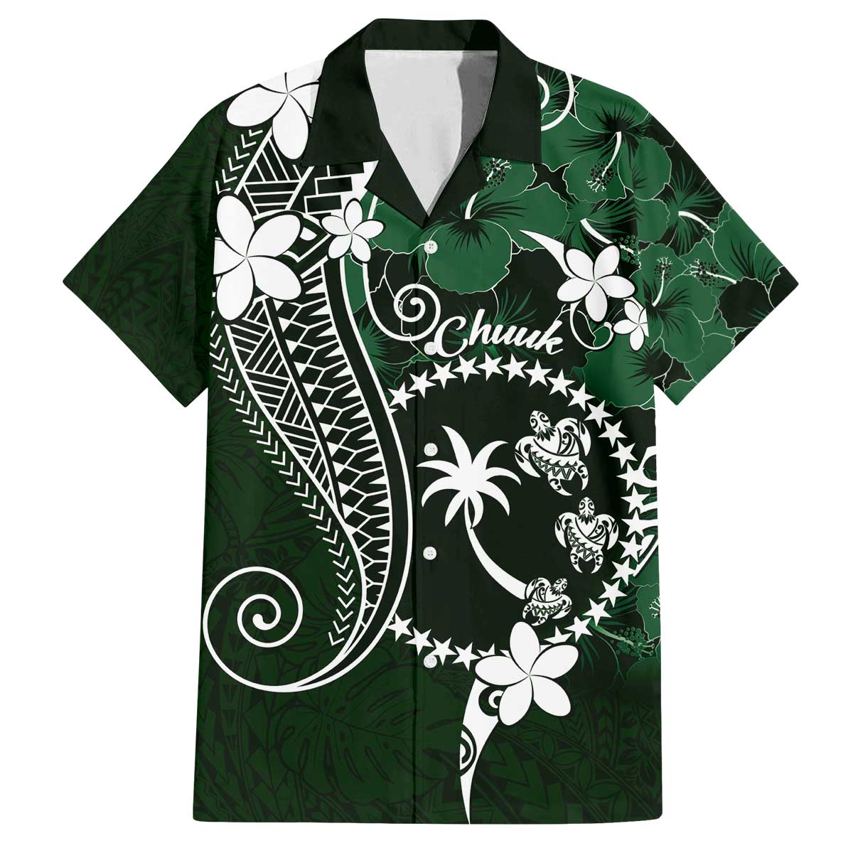 FSM Chuuk Family Matching Off Shoulder Short Dress and Hawaiian Shirt Turtle Tropical Flowers Polynesian - Green LT14 Dad's Shirt - Short Sleeve Green - Polynesian Pride