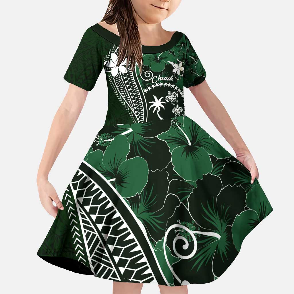 FSM Chuuk Family Matching Short Sleeve Bodycon Dress and Hawaiian Shirt Turtle Tropical Flowers Polynesian - Green LT14 Daughter's Dress Green - Polynesian Pride