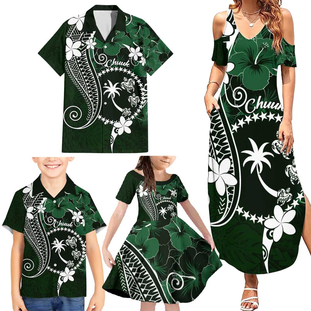 FSM Chuuk Family Matching Summer Maxi Dress and Hawaiian Shirt Turtle Tropical Flowers Polynesian - Green LT14 - Polynesian Pride