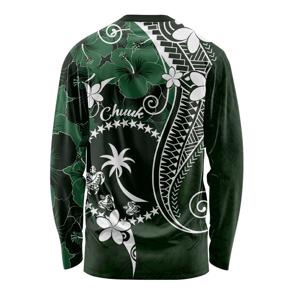 FSM Chuuk Long Sleeve Shirt Turtle Tropical Flowers Polynesian - Green
