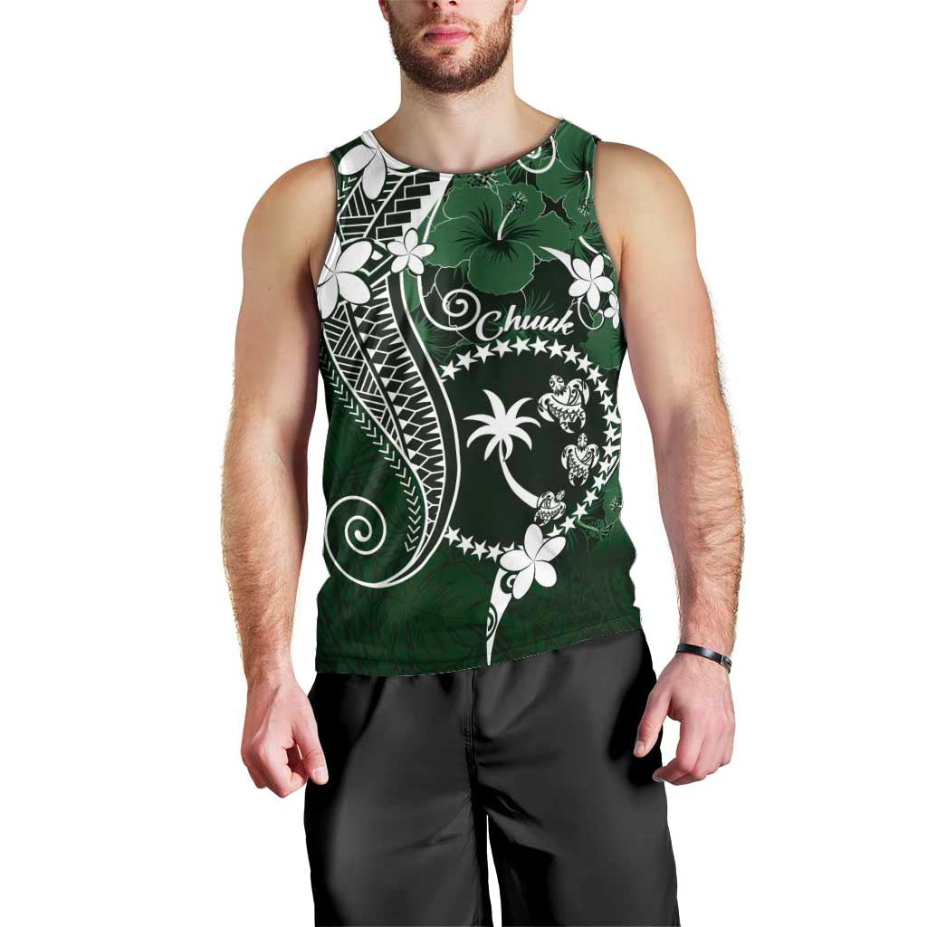 FSM Chuuk Men Tank Top Turtle Tropical Flowers Polynesian - Green LT14 - Polynesian Pride
