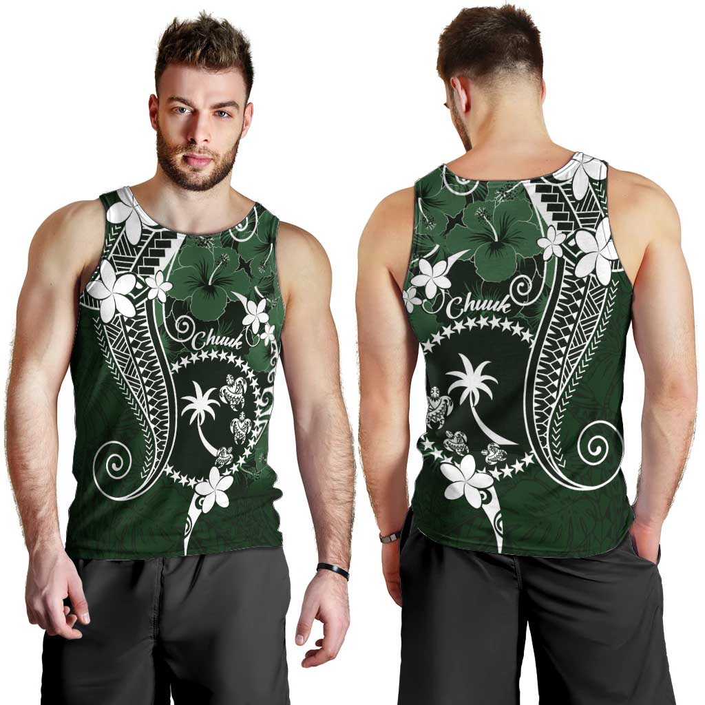 FSM Chuuk Men Tank Top Turtle Tropical Flowers Polynesian - Green LT14 - Polynesian Pride