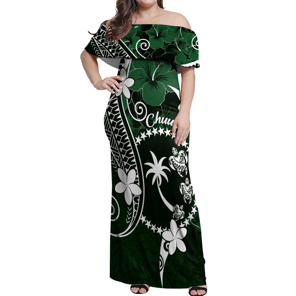 FSM Chuuk Off Shoulder Maxi Dress Turtle Tropical Flowers Polynesian - Green LT14 Women Green - Polynesian Pride