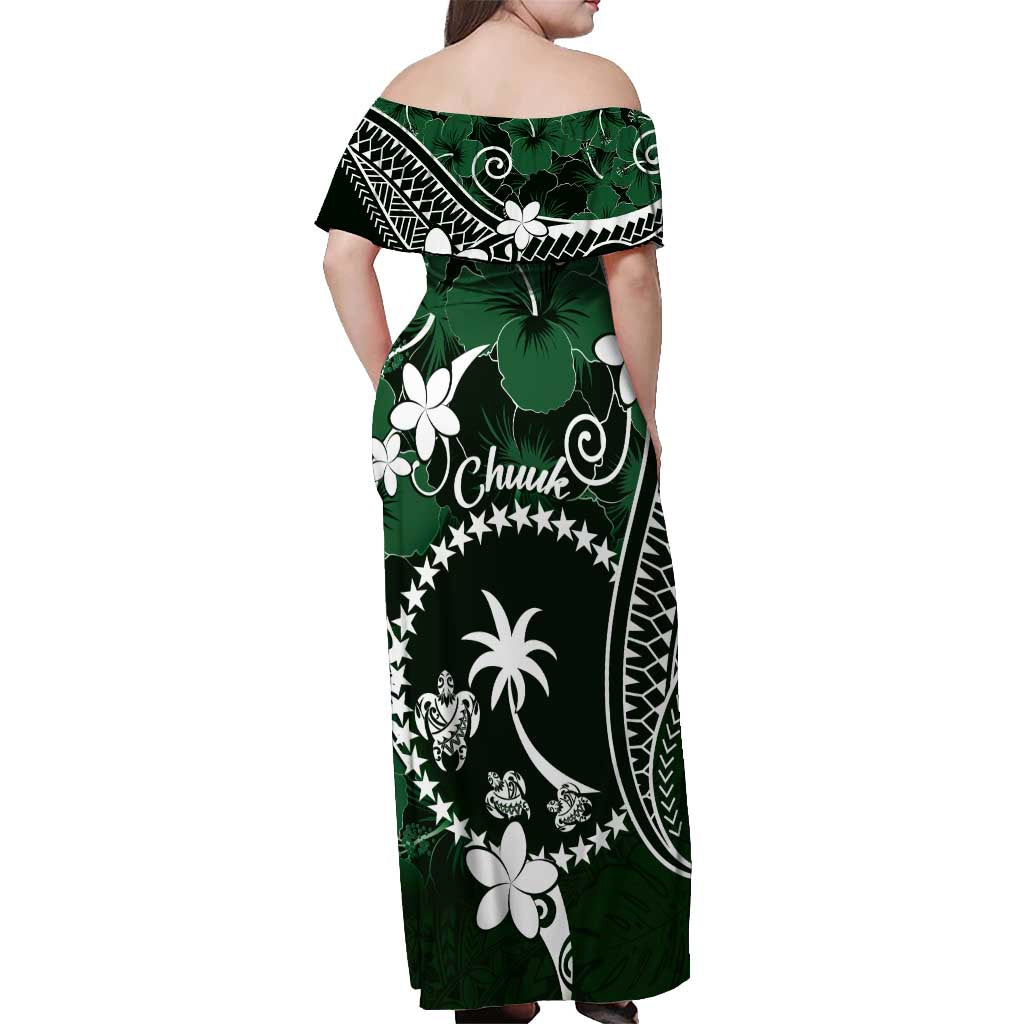 FSM Chuuk Off Shoulder Maxi Dress Turtle Tropical Flowers Polynesian - Green LT14 - Polynesian Pride
