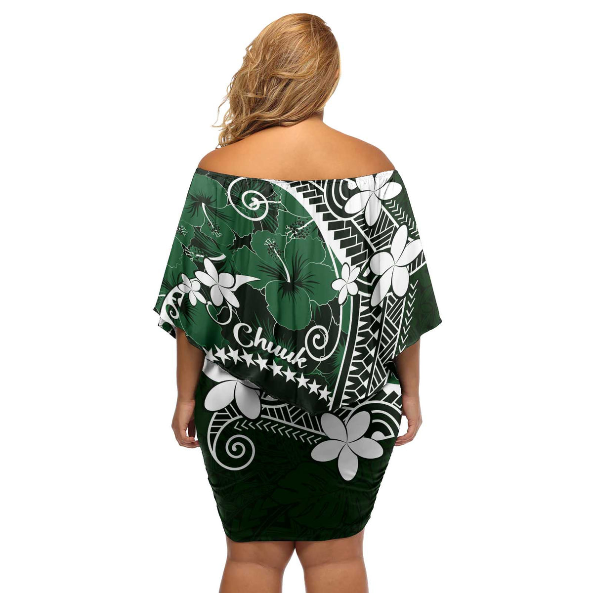 FSM Chuuk Off Shoulder Short Dress Turtle Tropical Flowers Polynesian - Green LT14 - Polynesian Pride
