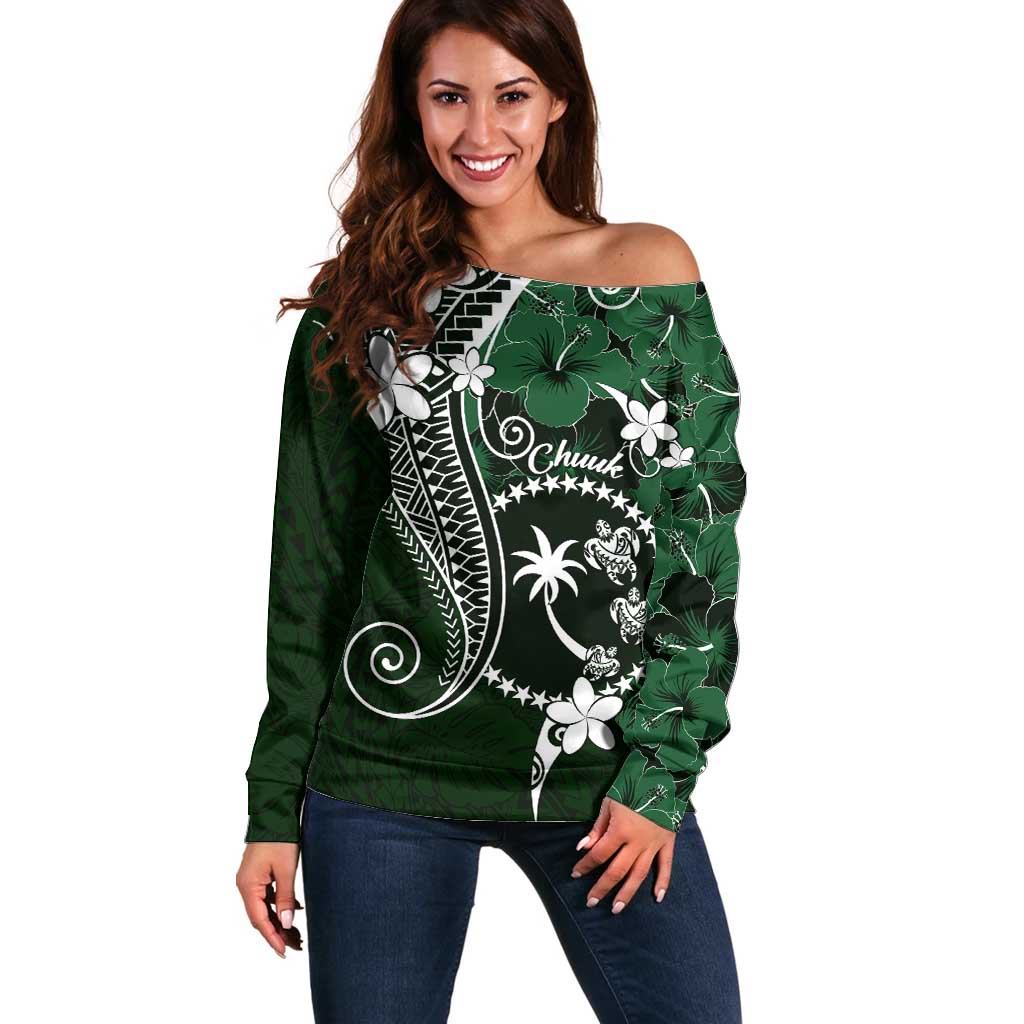 FSM Chuuk Off Shoulder Sweater Turtle Tropical Flowers Polynesian - Green LT14 Women Green - Polynesian Pride