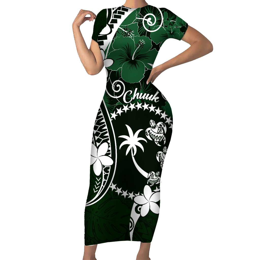 FSM Chuuk Short Sleeve Bodycon Dress Turtle Tropical Flowers Polynesian - Green LT14 Long Dress Green - Polynesian Pride