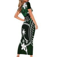 FSM Chuuk Short Sleeve Bodycon Dress Turtle Tropical Flowers Polynesian - Green LT14 - Polynesian Pride