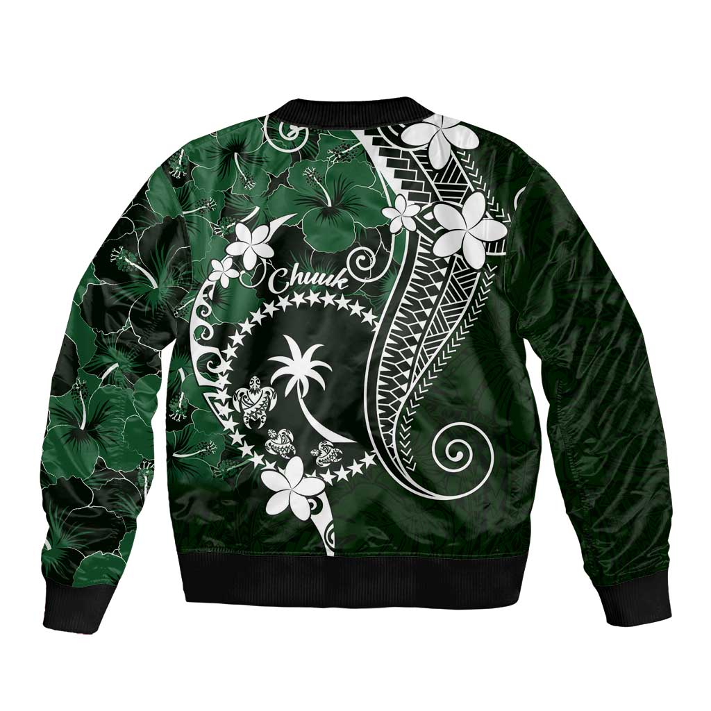 FSM Chuuk Sleeve Zip Bomber Jacket Turtle Tropical Flowers Polynesian - Green LT14 - Polynesian Pride