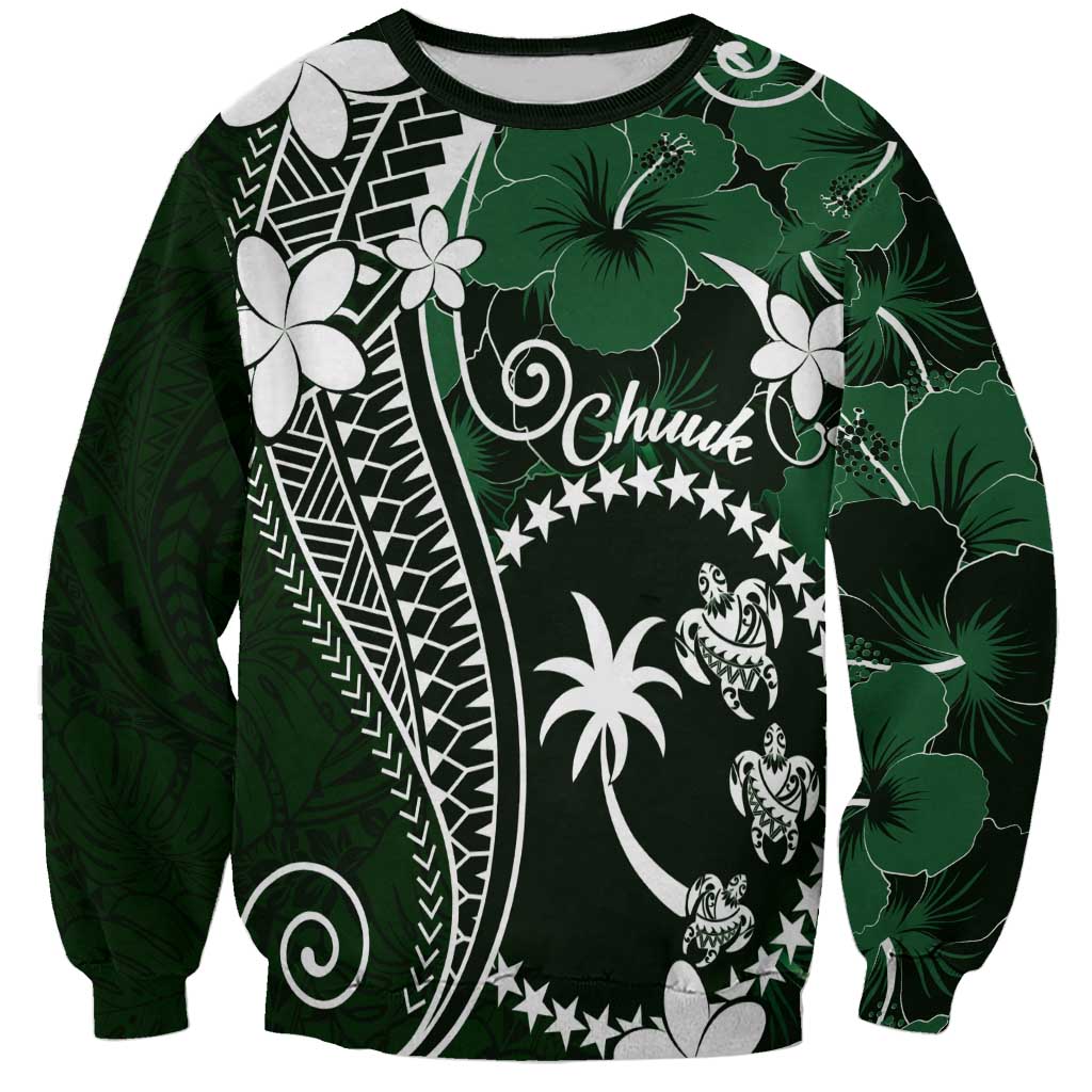 FSM Chuuk Sweatshirt Turtle Tropical Flowers Polynesian - Green LT14 Unisex Green - Polynesian Pride