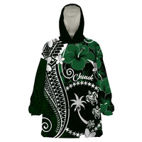 FSM Chuuk Wearable Blanket Hoodie Turtle Tropical Flowers Polynesian - Green LT14 One Size Green - Polynesian Pride
