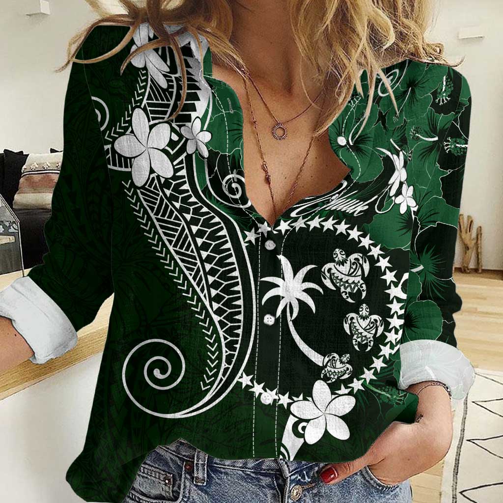 FSM Chuuk Women Casual Shirt Turtle Tropical Flowers Polynesian - Green LT14 Female Green - Polynesian Pride