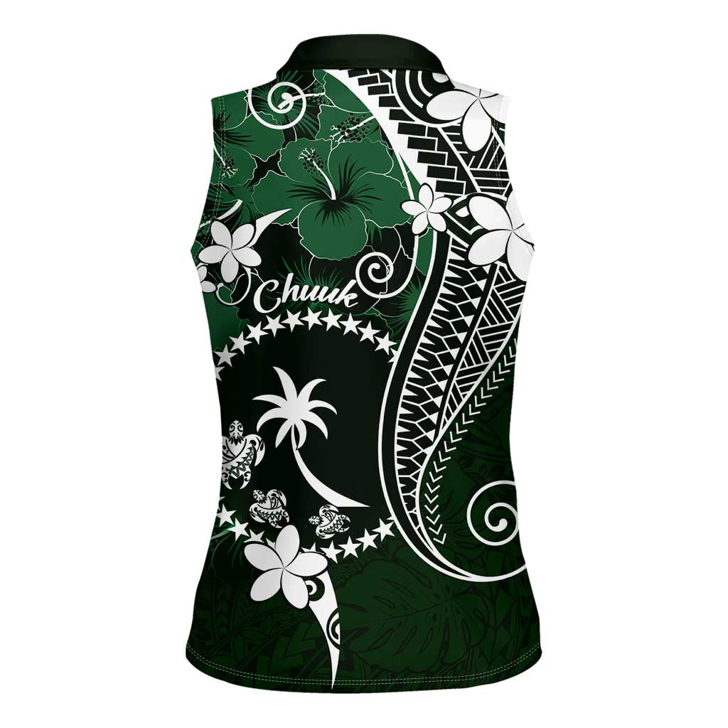FSM Chuuk Women Sleeveless Polo Shirt Turtle Tropical Flowers Polynesian - Green LT14 - Polynesian Pride