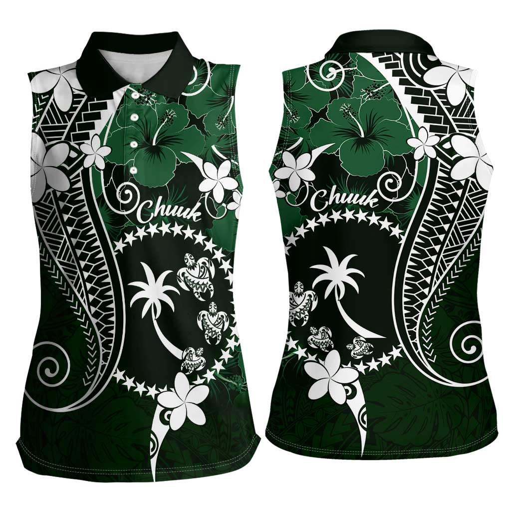 FSM Chuuk Women Sleeveless Polo Shirt Turtle Tropical Flowers Polynesian - Green LT14 - Polynesian Pride