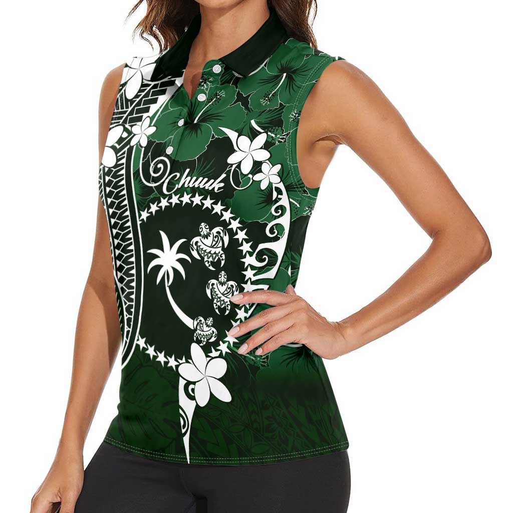 FSM Chuuk Women Sleeveless Polo Shirt Turtle Tropical Flowers Polynesian - Green LT14 - Polynesian Pride