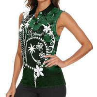 FSM Chuuk Women Sleeveless Polo Shirt Turtle Tropical Flowers Polynesian - Green LT14 - Polynesian Pride