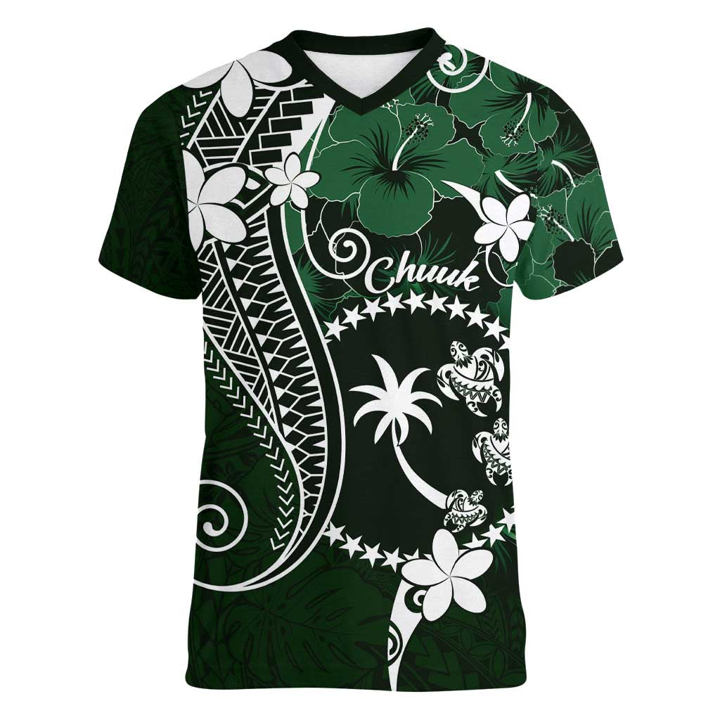 FSM Chuuk Women V-Neck T-Shirt Turtle Tropical Flowers Polynesian - Green LT14 Female Green - Polynesian Pride