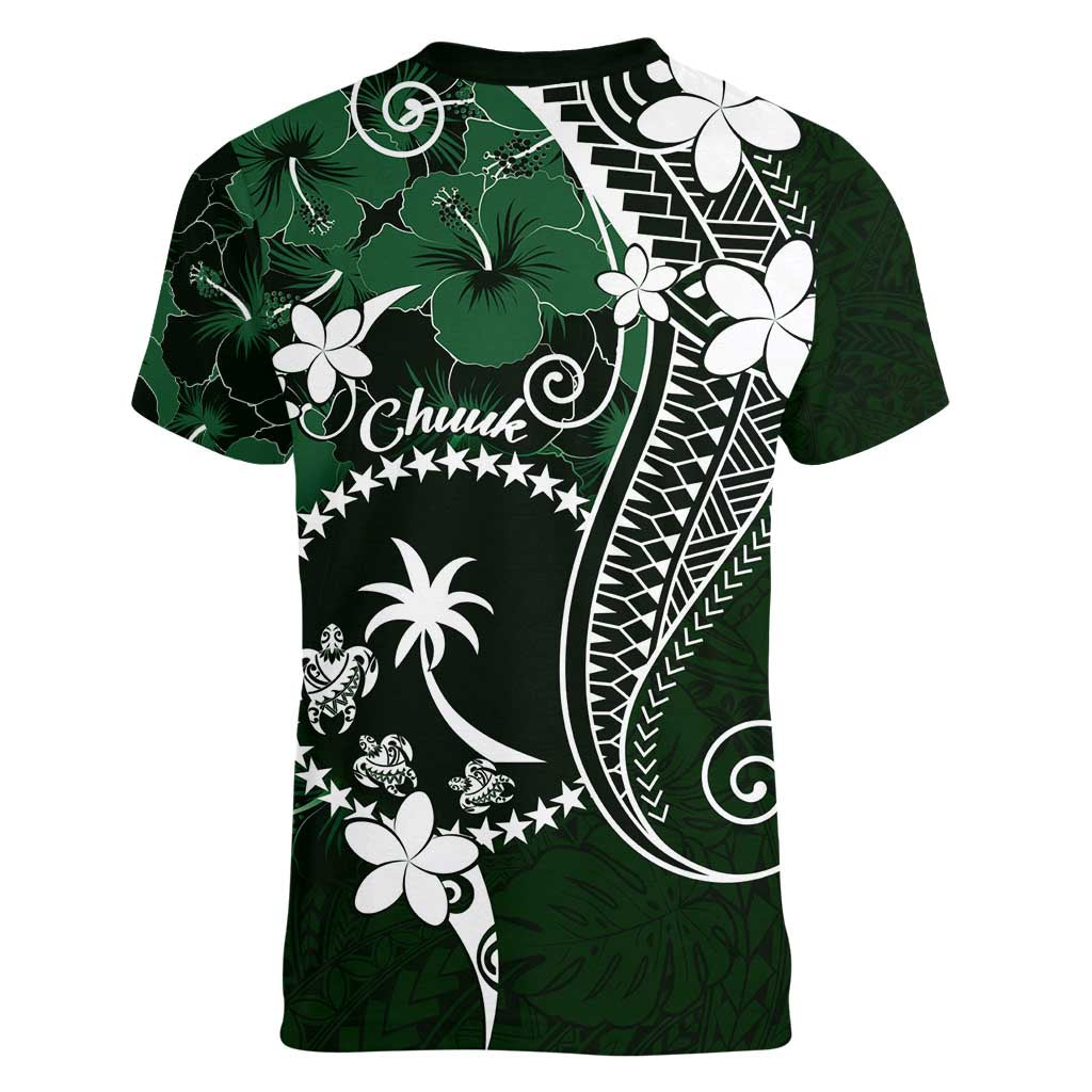FSM Chuuk Women V-Neck T-Shirt Turtle Tropical Flowers Polynesian - Green LT14 - Polynesian Pride