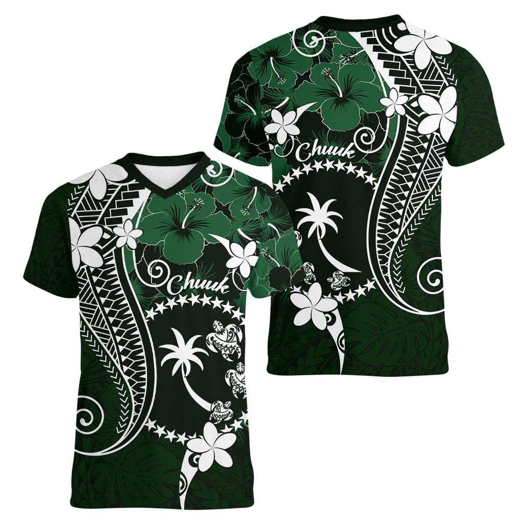 FSM Chuuk Women V-Neck T-Shirt Turtle Tropical Flowers Polynesian - Green LT14 - Polynesian Pride