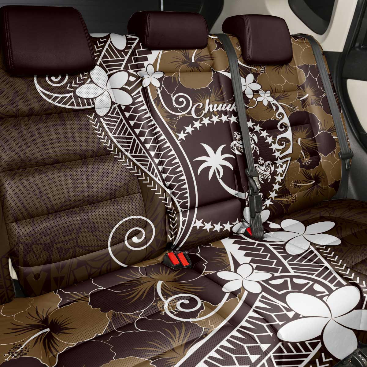 FSM Chuuk Back Car Seat Cover Turtle Tropical Flowers Polynesian - Brown