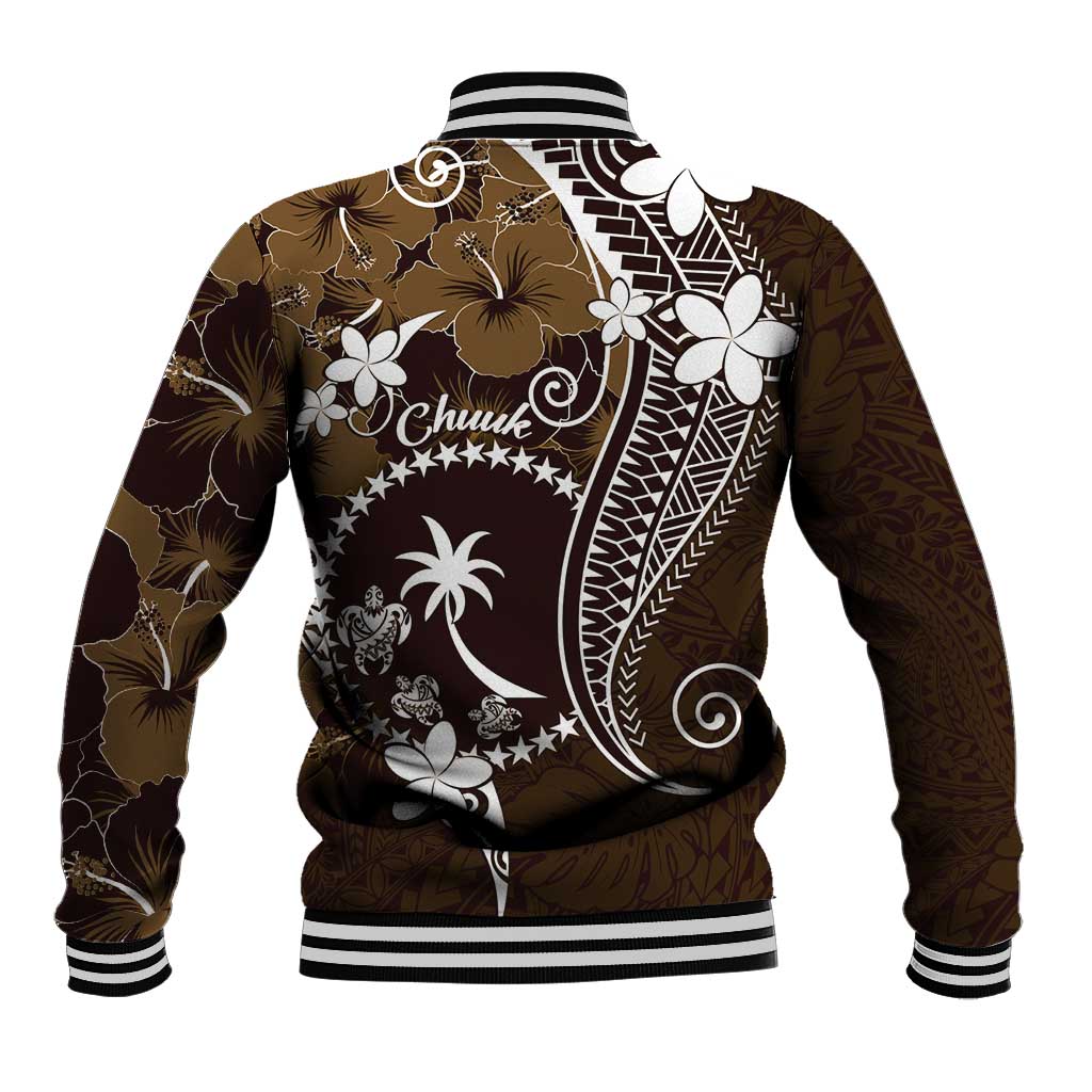 FSM Chuuk Baseball Jacket Turtle Tropical Flowers Polynesian - Brown LT14 - Polynesian Pride