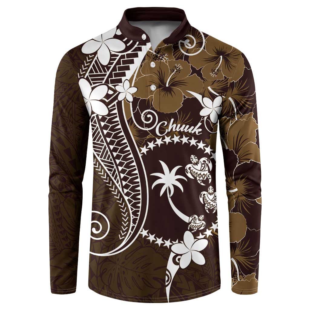FSM Chuuk Button Sweatshirt Turtle Tropical Flowers Polynesian - Brown LT14 Brown - Polynesian Pride