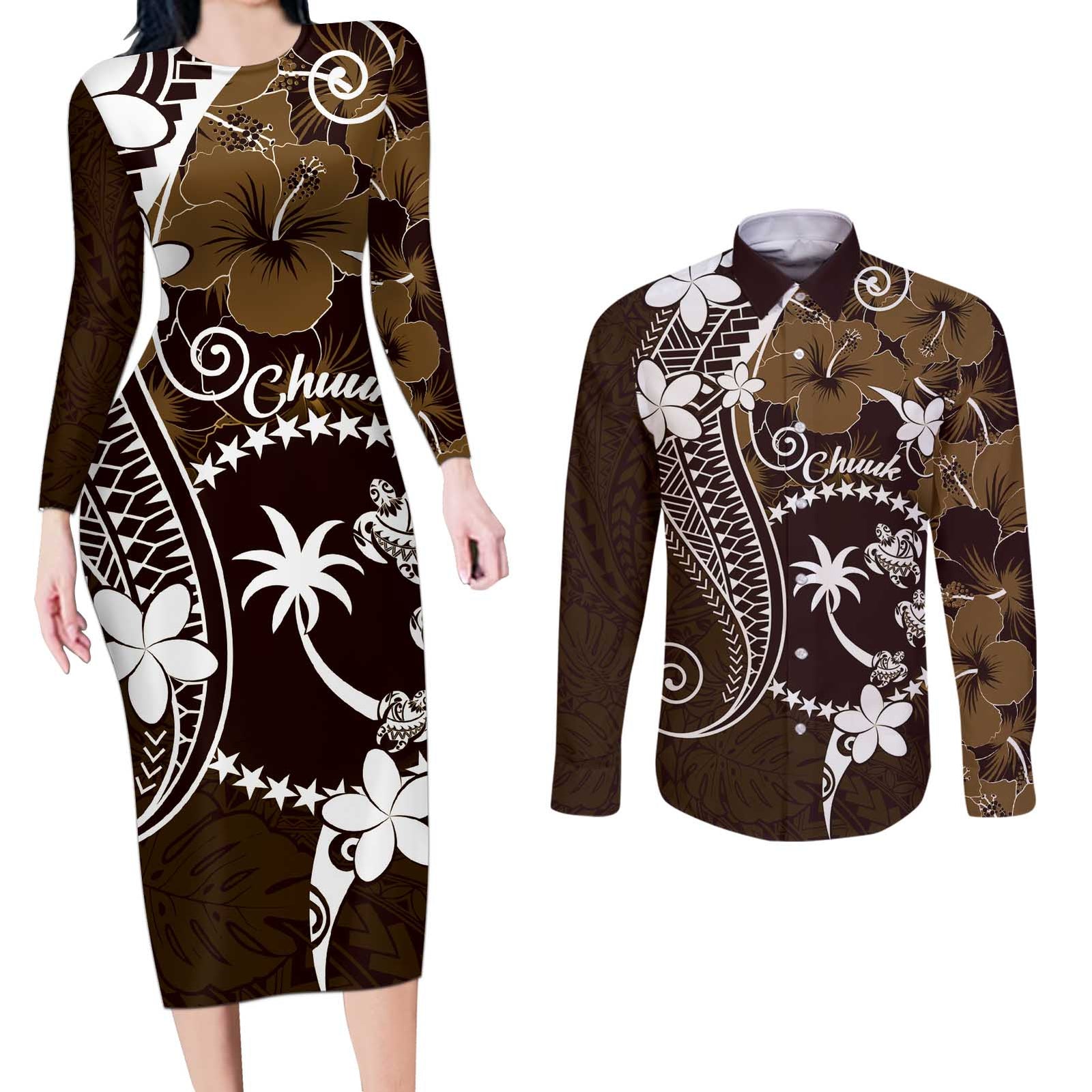 FSM Chuuk Couples Matching Long Sleeve Bodycon Dress and Long Sleeve Button Shirt Turtle Tropical Flowers Polynesian - Brown LT14 Brown - Polynesian Pride