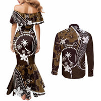 FSM Chuuk Couples Matching Mermaid Dress and Long Sleeve Button Shirt Turtle Tropical Flowers Polynesian - Brown