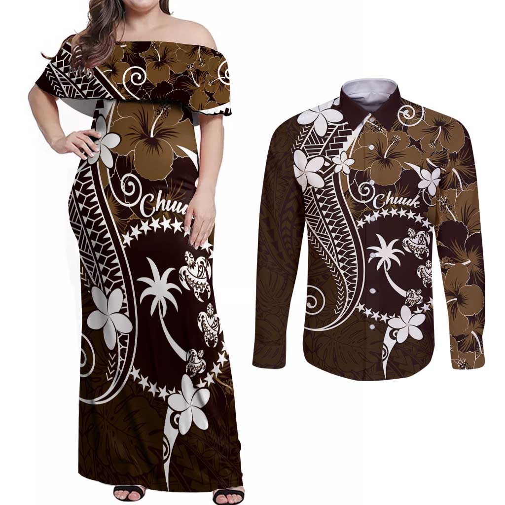 FSM Chuuk Couples Matching Off Shoulder Maxi Dress and Long Sleeve Button Shirt Turtle Tropical Flowers Polynesian - Brown LT14 Brown - Polynesian Pride