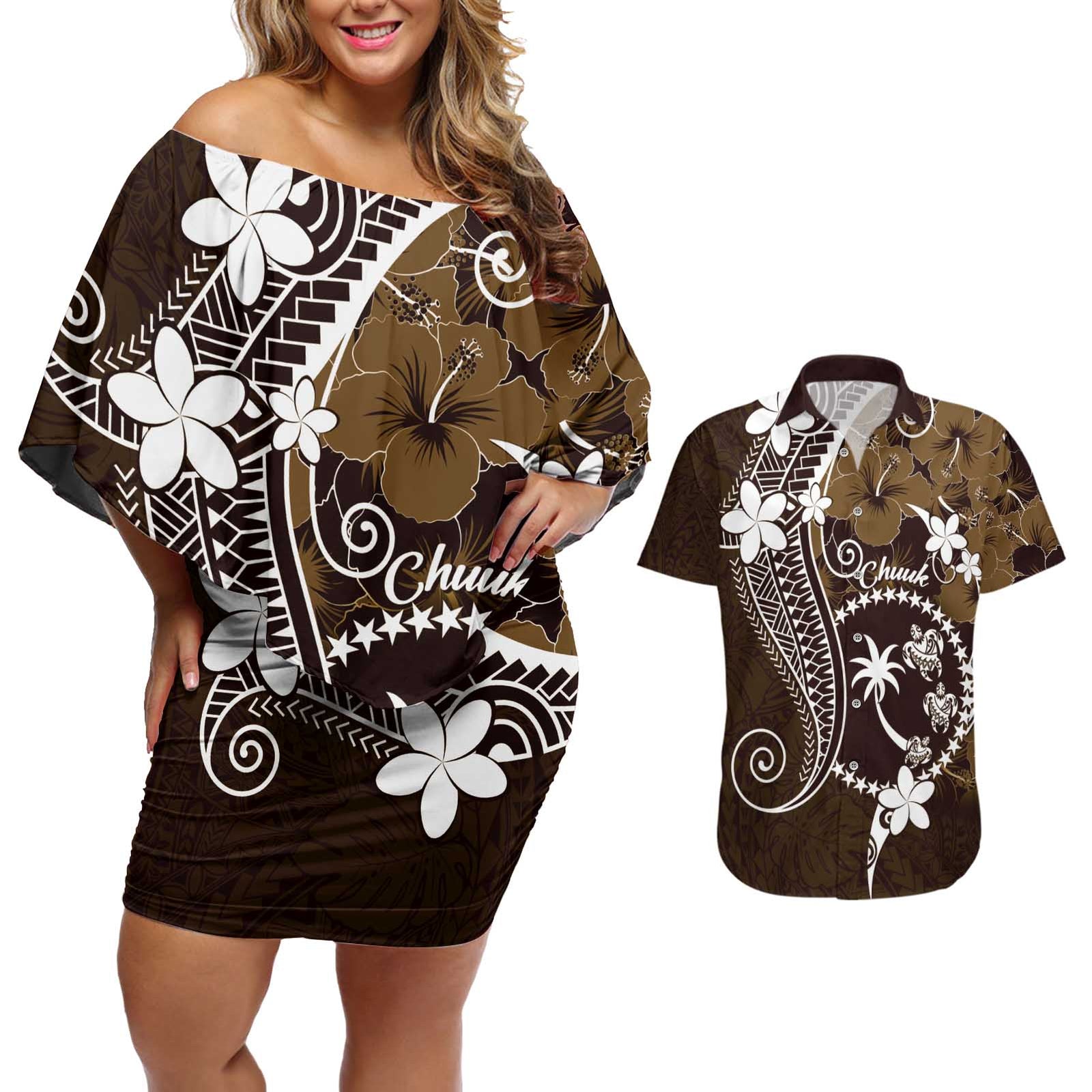 FSM Chuuk Couples Matching Off Shoulder Short Dress and Hawaiian Shirt Turtle Tropical Flowers Polynesian - Brown LT14 Brown - Polynesian Pride