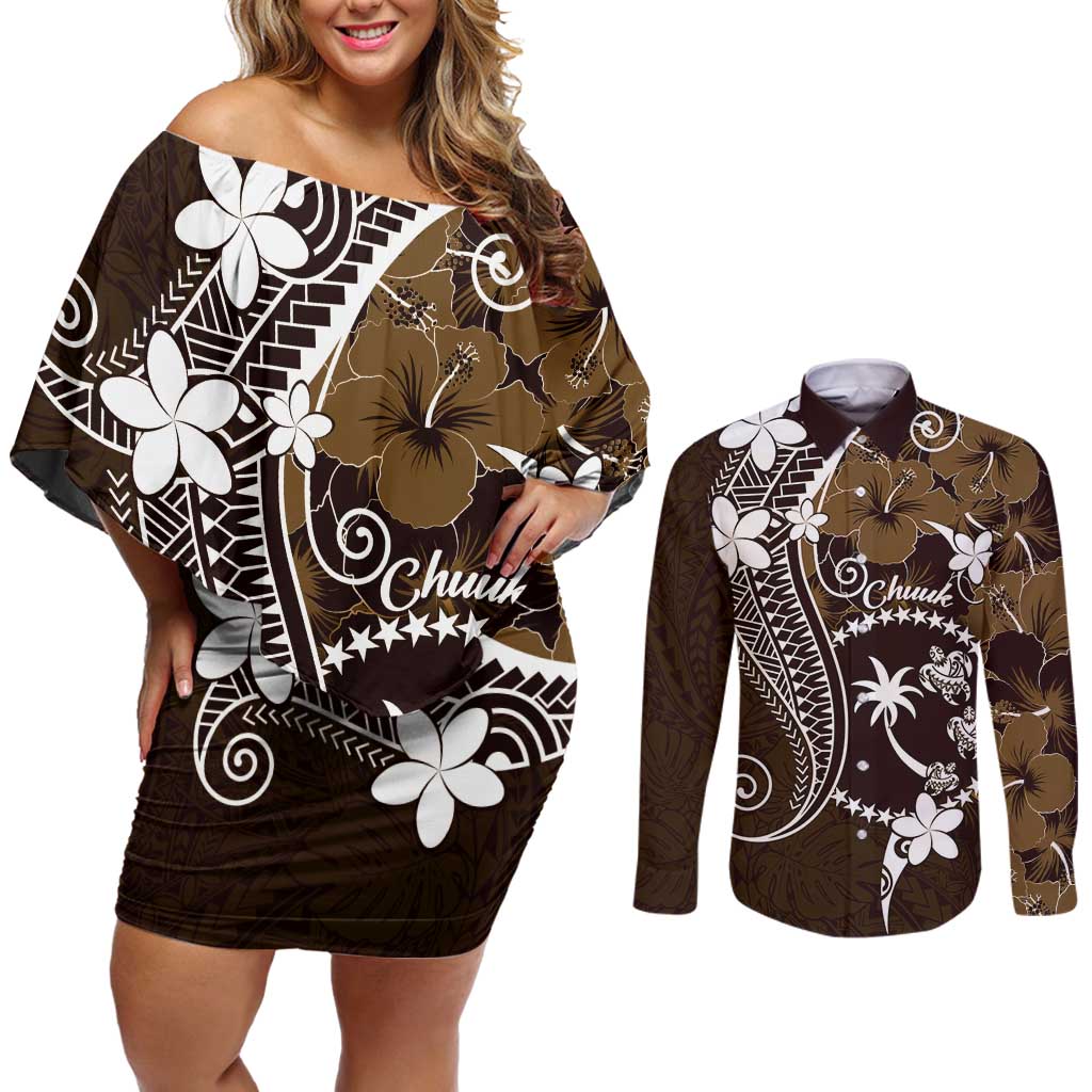 FSM Chuuk Couples Matching Off Shoulder Short Dress and Long Sleeve Button Shirt Turtle Tropical Flowers Polynesian - Brown LT14 Brown - Polynesian Pride