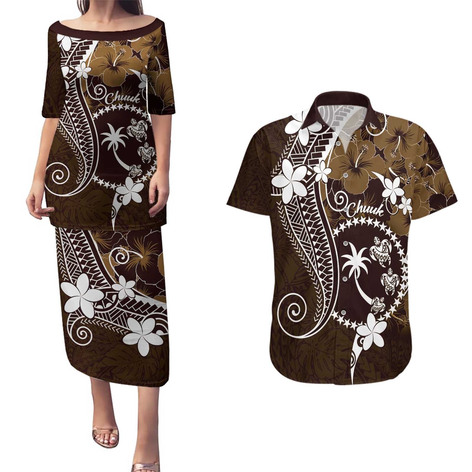FSM Chuuk Couples Matching Puletasi and Hawaiian Shirt Turtle Tropical Flowers Polynesian - Brown LT14 Brown - Polynesian Pride