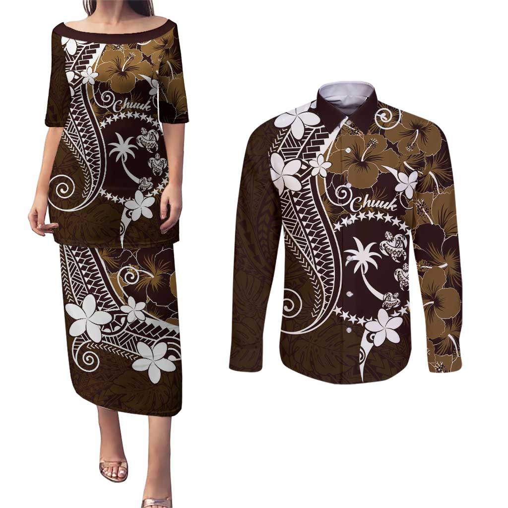 FSM Chuuk Couples Matching Puletasi and Long Sleeve Button Shirt Turtle Tropical Flowers Polynesian - Brown LT14 Brown - Polynesian Pride