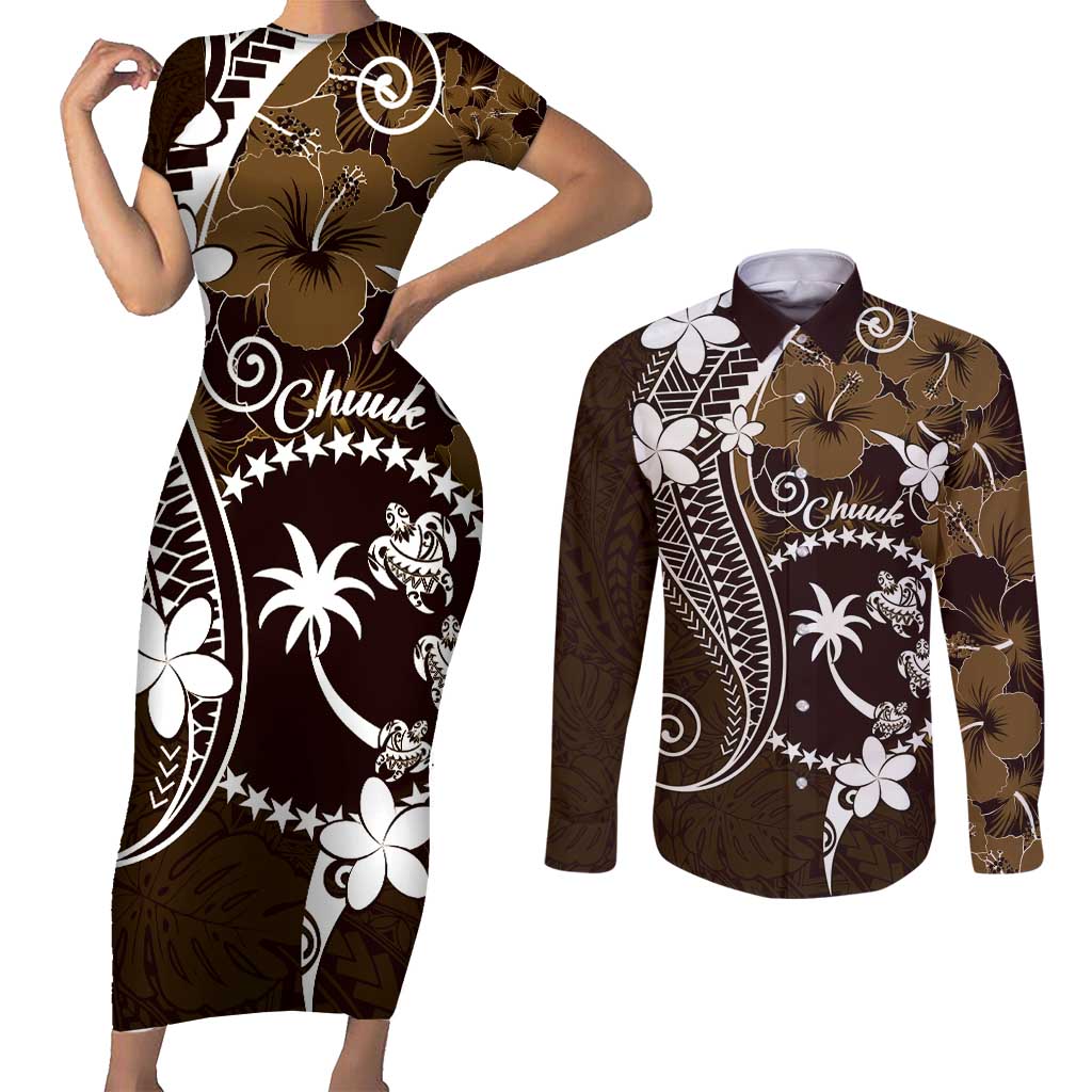 FSM Chuuk Couples Matching Short Sleeve Bodycon Dress and Long Sleeve Button Shirt Turtle Tropical Flowers Polynesian - Brown LT14 Brown - Polynesian Pride