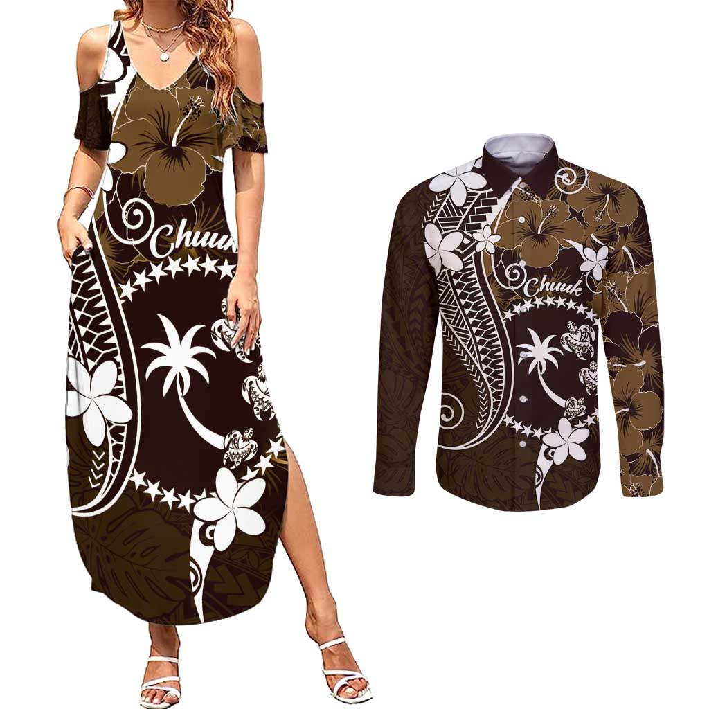 FSM Chuuk Couples Matching Summer Maxi Dress and Long Sleeve Button Shirt Turtle Tropical Flowers Polynesian - Brown LT14 Brown - Polynesian Pride