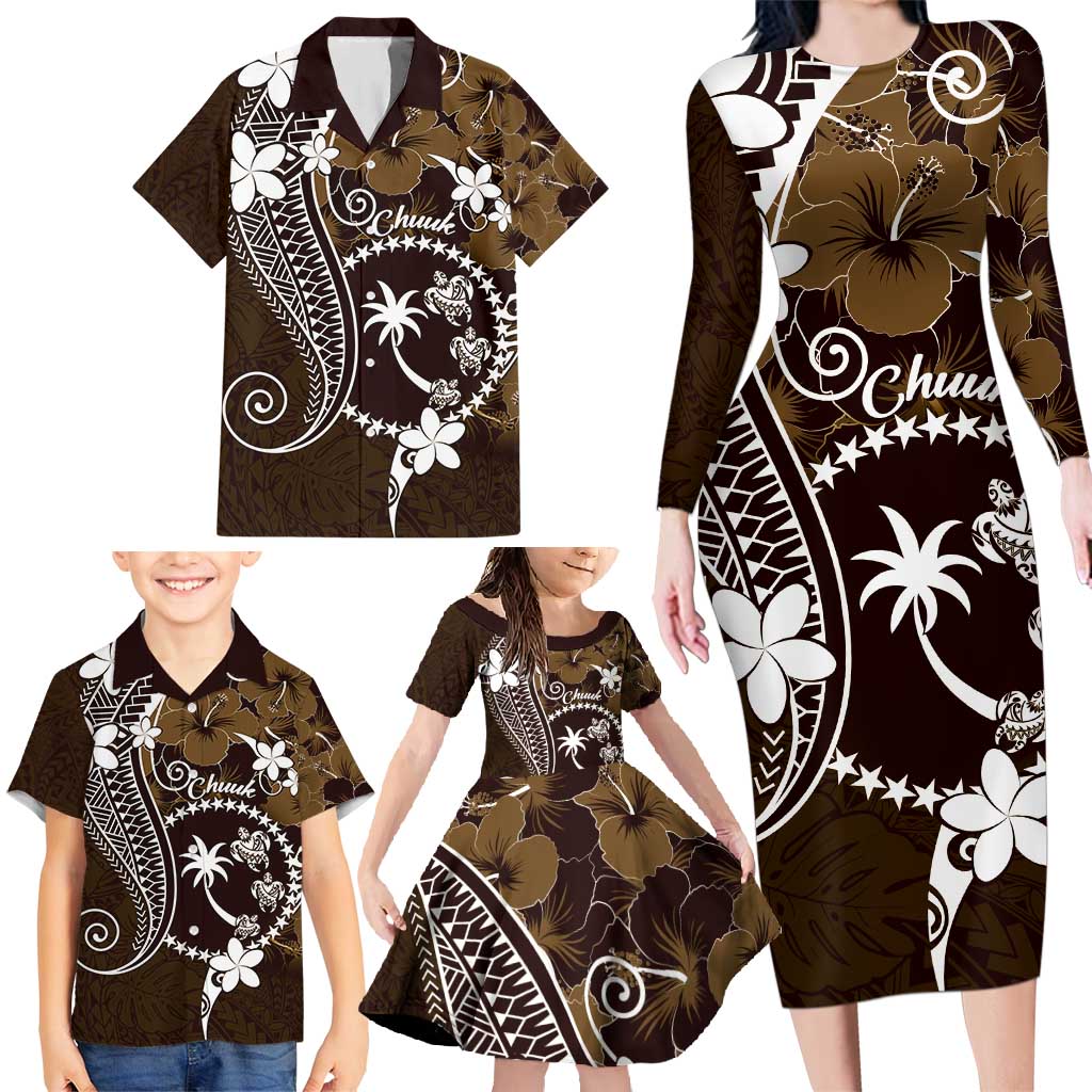 FSM Chuuk Family Matching Long Sleeve Bodycon Dress and Hawaiian Shirt Turtle Tropical Flowers Polynesian - Brown LT14 - Polynesian Pride
