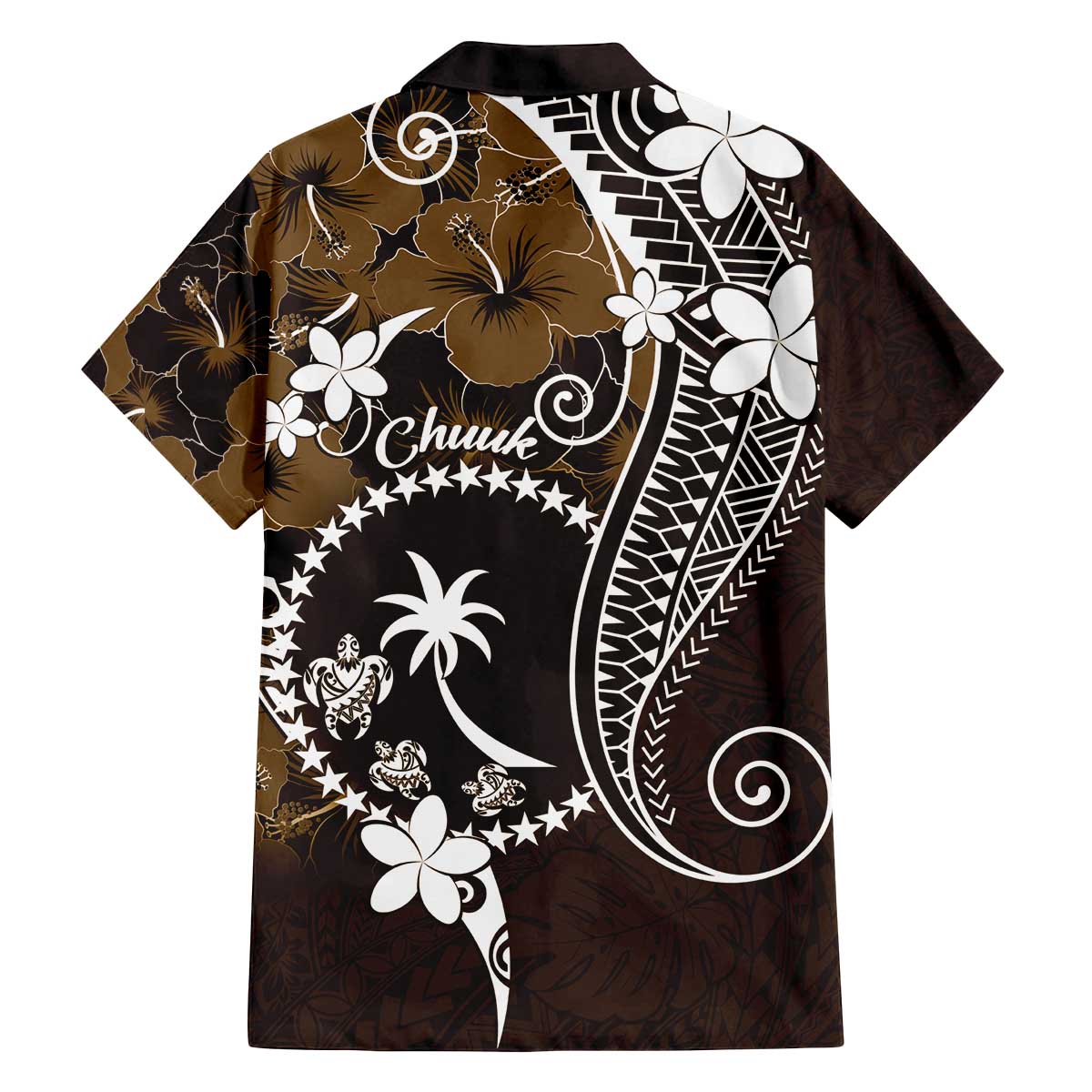 FSM Chuuk Family Matching Off The Shoulder Long Sleeve Dress and Hawaiian Shirt Turtle Tropical Flowers Polynesian - Brown LT14 - Polynesian Pride